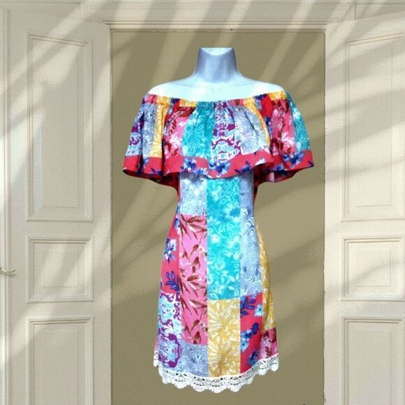 UMGEE | PATCHWORK PAISLEY COLORFUL BOHO BEACHY  OFF THE SHOULDER STRAPLESS DRESS - Picture 16 of 16